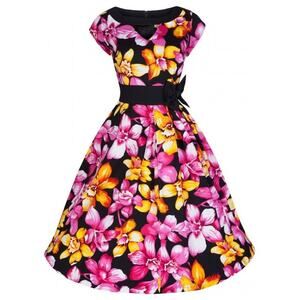 Lundy Bop Reto Black Floral Print Cap Sleeve Flare Dress Size S Small NWT